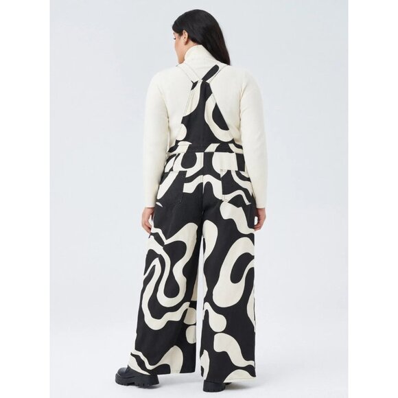 CIDER Black & White Abstract Print Wide Leg Overalls Curve & Plus Women's XL - Picture 3 of 10